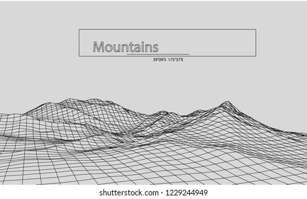 Vector background in gray, black and white colors. 3D grid technology illustration landscape. Digital wireframe landscape.