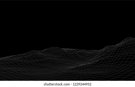 Vector background in gray, black and white colors. 3D grid technology illustration landscape. Digital wireframe landscape.