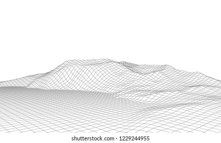 Vector background in gray, black and white colors. 3D grid technology illustration landscape. Digital wireframe landscape.
