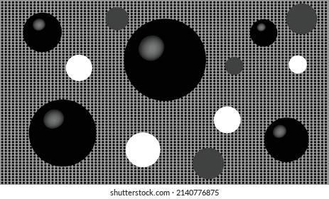 Fondo vectorial en gris, negro y blanco. Puntos negros como relleno de lienzo y fondo gris. Papel de escritorio con bolas negras y reflexión gris. Además, los círculos grises y blancos.