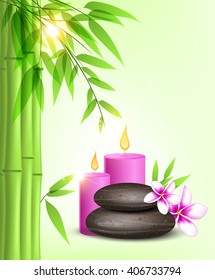 Vector background with green bamboo, spa stones and pink candles. 