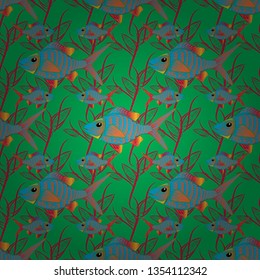 Vector background in green, blue and magenta colors. Scandinavian Childish texture for fabric, textile, printing. Seamless pattern with cartoon fishes.