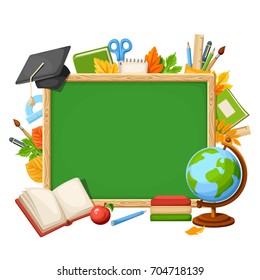 Vector background with green chalkboard, globe, books, grad cap, school supplies and autumn leaves.