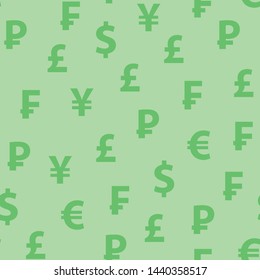 Vector background green color with symbols of popular currencies. Seamless pattern with looped texture for web design, banners and textile.
