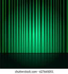Vector background with green curtains. Spotlight on stage curtain.