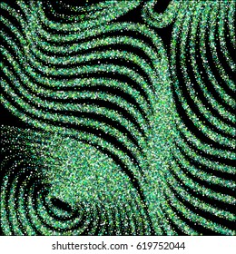 Vector background with green, jade and emerald color circles. Curve lines of multiple colorful round confetti on black backdrop. Abstract striped pattern, geometric shapes scatter, holiday backdrop.