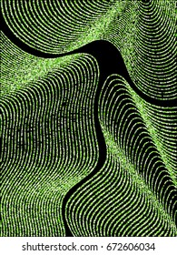 Vector background with green, jade and emerald color circles. Curve lines of multiple colorful round confetti on black backdrop. Abstract striped pattern, geometric shapes scatter, holiday backdrop.