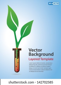 Vector Background - Green Leaf coming out of a Test Tube. Creative Concept for showing Herbs, Bio-Plants, genetically modified food, Innovation, Invention, and many other ideas.