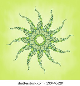 Vector background green long curls hair or rope, ornamental round lace pattern, spring  theme, used for invitations, postcard design