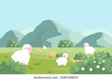 Vector background of a green meadow with cute white sheep grazing on a beautiful mountain view in the countryside.