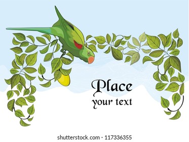Vector background with green parrot and lemon tree