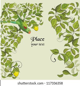 Vector background with green parrot and lemon tree