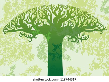 Vector background: green stylized tree (maybe a baobab) covered with light green grungy stains. Can be used as a desktop wallpaper, or a background for a website.