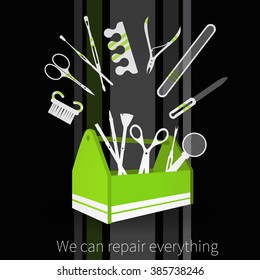 Vector background with green toolbox, plane manicure and pedicure tools. Text - we can repair everything.
