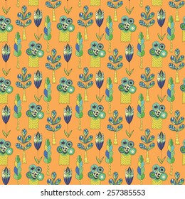 Vector Background with green trees | Orange seamless doodle pattern with sketch style forest