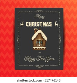 Vector background with a greeting card with an inscription and festive gingerbread on red.  Merry Christmas and Happy New Year