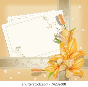 vector background  with  greeting cards, lilies, ribbons and  pearls