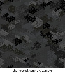 Vector Background Of Grey Dust Digital Hex Camoflage Pattern. Urban Dark Night Hexagon Snakeskin. Abstract Army And Hunting Masking Ornament Texture