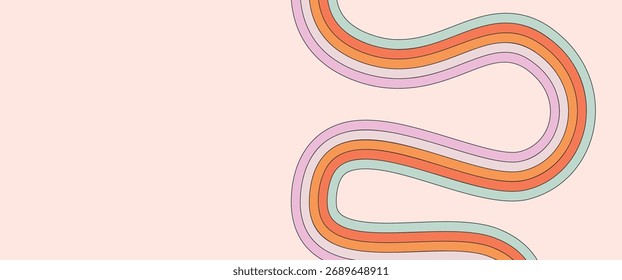 Vector background with groovy rainbow stripe. Retro styled wavy multicolored line on light beige background