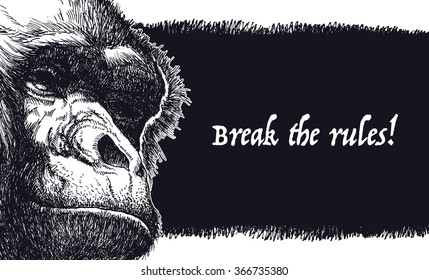 Vector background in grunge style with gorilla. Hand drawn. 