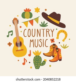 Antecedentes vectores con guitarra, botas y sombrero de vaquero, cactús y texto "Música de campo". Afiche de dibujos animados para un festival musical.