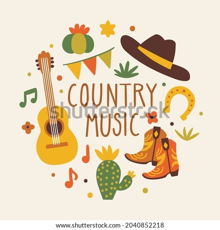 Vector background with guitar, cowboy boots and hat, cactuses, and text "Country music". Cute cartoon poster for a musical festival.
