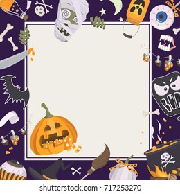 Vector background with halloween icons and square frame.Trick or treat concept.Cheerful template with traditional halloween elements:pumpkin with a treat, witch hat, cauldron,skull, crossbones and etc