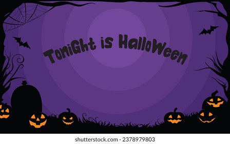 Fondo vectorial para la invitación o pancarta de Halloween. Calabazas alegres con ojos brillantes en el fondo de un cementerio y cielo nocturno morado con espacio para tu texto.