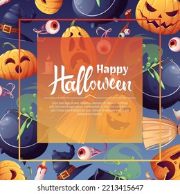 Vector background for Halloween invitation or greeting card. Pumpkins, witch's cauldron, broom hat. Great for flyer, banner, backdrop