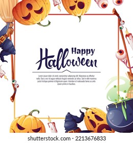 Vector background for Halloween invitation or greeting card. Pumpkins, witch's cauldron, broom hat. Great for flyer, banner, backdrop