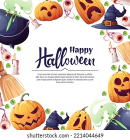 Vector background for Halloween invitation or greeting card. Pumpkins, witch's cauldron, broom hat. Great for flyer, banner, backdrop