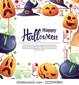 Vector background for Halloween invitation or greeting card. Pumpkins, witch s cauldron, broom hat. Great for flyer, banner, backdrop