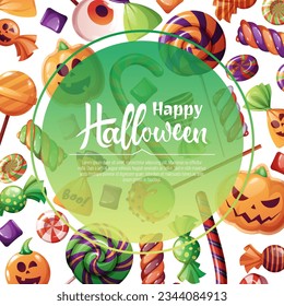  Vector background for Halloween invitation or greeting card. Holiday invitation Trick or Treat. Poster, banner with with pumpkin biscuits, spooky candies, sweets, cookies, lollipops.