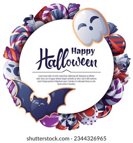  Vector background for Halloween invitation or greeting card. Holiday invitation Trick or Treat. Poster, banner with ghost and bat cookies, spooky candies, sweets, cookies, lollipops.