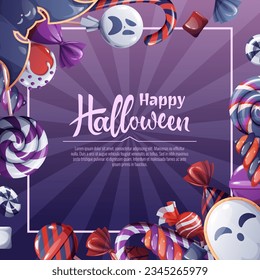  Vector background for Halloween invitation or greeting card. Holiday invitation Trick or Treat. Poster, banner with ghost and bat cookies, spooky candies, sweets, cookies, lollipops.