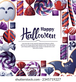  Vector background for Halloween invitation or greeting card. Holiday invitation Trick or Treat. Poster, banner with ghost and bat cookies, spooky candies, sweets, cookies, lollipops.