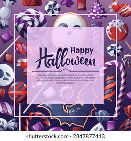  Vector background for Halloween invitation or greeting card. Holiday invitation Trick or Treat. Poster, banner with ghost and bat cookies, spooky candies, sweets, cookies, lollipops.