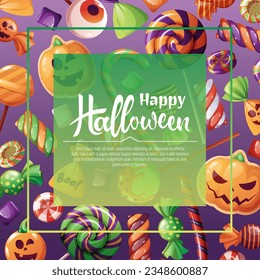  Vektorhintergrund für Halloween-Einladung oder Grußkarte. Einladung zum Urlaub Trick oder Treat. Poster, Banner mit Kürbiskuits, leckere Bonbons, Süßigkeiten, Kekse, Lollipops.
