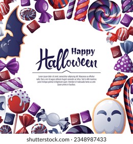  Vector background for Halloween invitation or greeting card. Holiday invitation Trick or Treat. Poster, banner with ghost and bat cookies, spooky candies, sweets, cookies, lollipops.