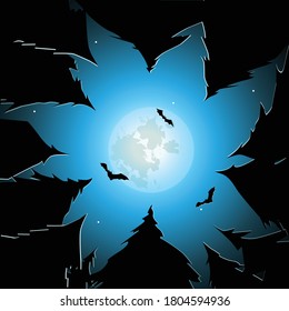 Vector Background for Halloween. Night fir trees on the background of the full moon and flying bats. Spooky forest at full moon. 