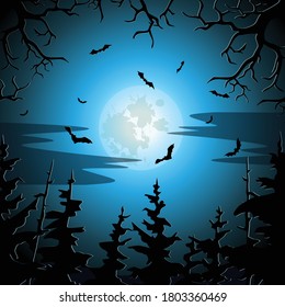 Vector Background for Halloween. Night forest on the background of the full moon and bats. Spooky trees at full moon.