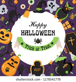 Vector background for Halloween party with various objects in a circle. Vector illustration for your design