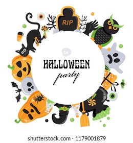 Vector background for Halloween party with various objects in a circle. Vector illustration for your design