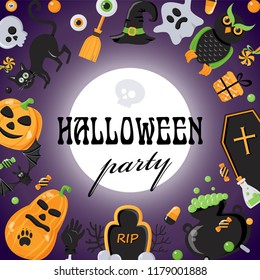 Vector background for Halloween party with various objects. Vector illustration for your design