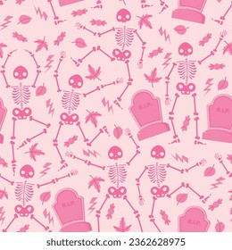 Vector background for Halloween. Pink skeletons and gravestones. Background for wrapping paper, fabric.