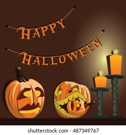 Vector background. Halloween pumpkins and candles.