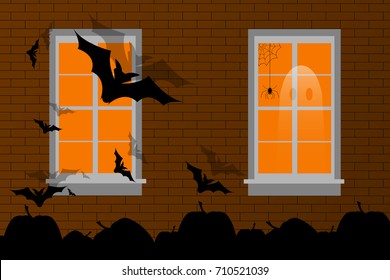  Vector background with halloween scene, brick wall with windows at night, with bats and pumpkins 