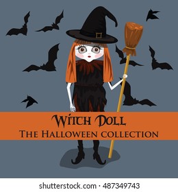 Vector background. Halloween style with witch doll