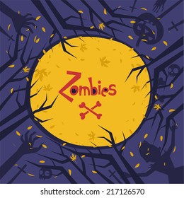 Vector background for Halloween or Zombie party. Trees on night sky and moon background. 