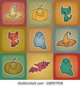 Vector background of Halloween-related objects and creatures.